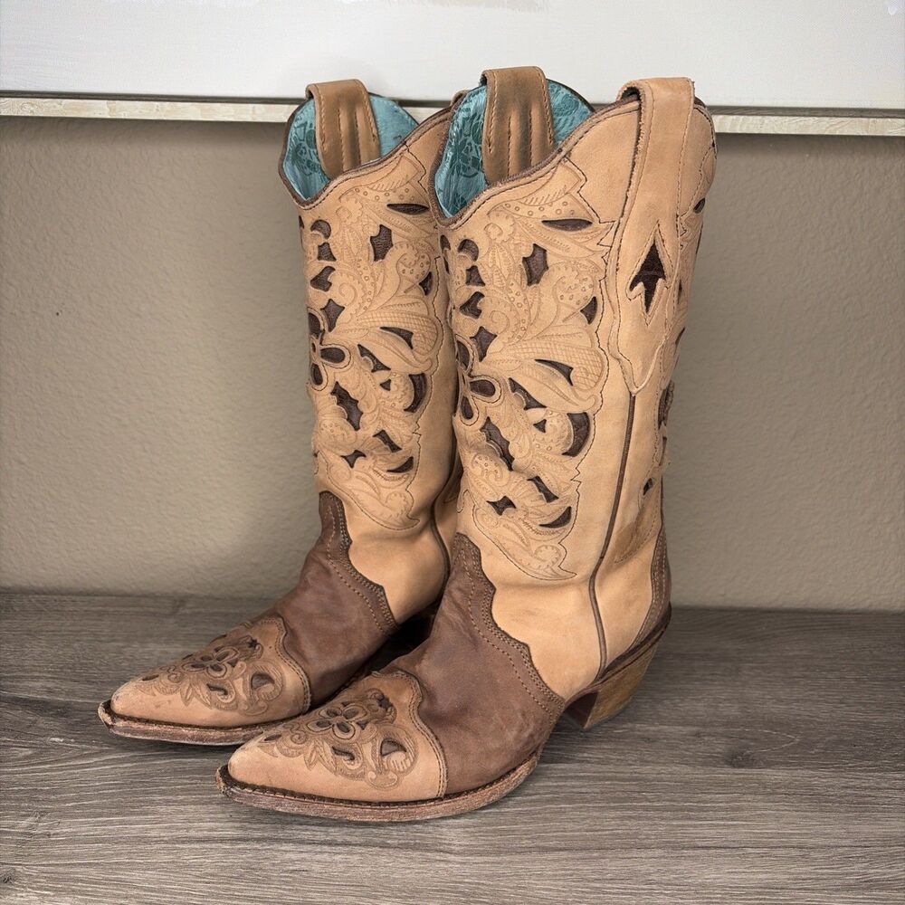 Corral Women Western Boot Size 5.5 M Brown Laser Cut Leather C1029 Festival